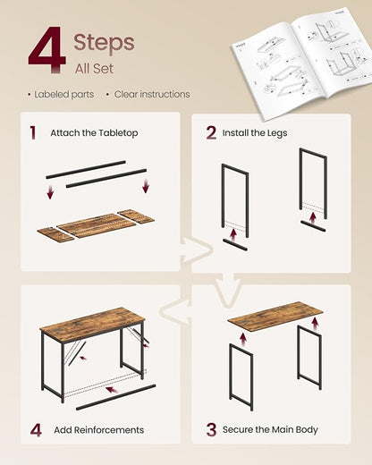 VASAGLE Computer Desk, Office Work Desk, 47.2 x 19.7 x 29.9 Inches, for Study, Bedroom, Home Office, Living Room, Rustic Brown and Ink Black ULWD212K101