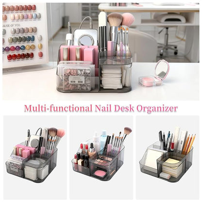 BQAN Transparent Acrylic Nail Desk Organizer with Spinning Drawer, Drill & Brush Holder, Desktop Manicure Tool Storage for Nail Techs, Makeup, Skin Care (Black) - Professional Salon or Home Use