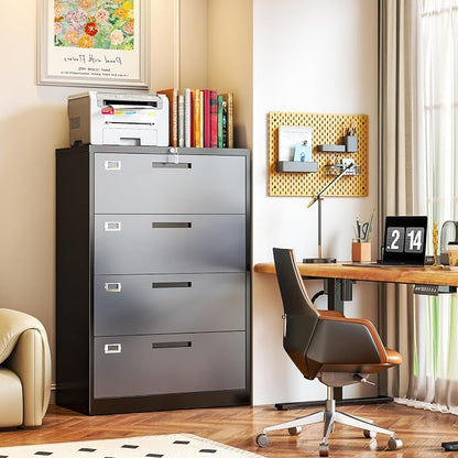 4 Drawer File Cabinet, Locking Lateral Filing Cabinet for Home Office, File Cabinets with Business Card Holder for Letter/Legal/F4/A4 Hanging Files