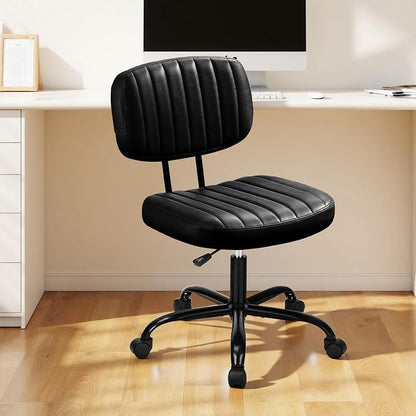 Swivel Rolling Office Chair, Armless Pu Leather Vanity Chair with Back Lumbar Support Height Adjustable Computer Chair, Small Desk Chair for Home Office, Black