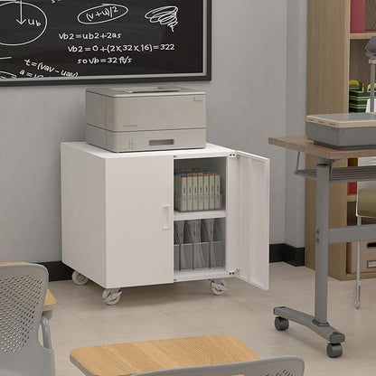 Metal Printer Stand, Rolling Table for Printers, Large Printers Table with Storage, Office Printer Stand for Copier, Fax, Heavy Duty Stands with Shelf for School, Workplace, White