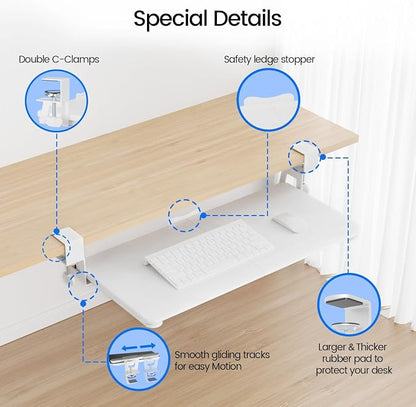 NearHub Large Keyboard Tray Under Desk Slide Out with Extra Sturdy C Clamp Mount System,26'' (30'' including Clamps) x11 Slide-Out Keyboard Drawer Under Desk for Typing,Keyboard Mouse Tray,White