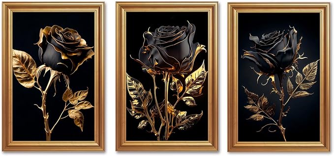 ICHZUMW Black and Gold Wall Decor, Gold Framed Glam Rose Canvas Wall Art, Set of 3 Ready to Hang Fade Resistant Floral Prints with Moody Dark Academia Aesthetic for Bedroom Living Room, 20x30 Inches