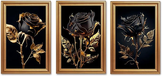 ICHZUMW Black and Gold Wall Decor, Gold Framed Glam Rose Canvas Wall Art, Set of 3 Ready to Hang Fade Resistant Floral Prints with Moody Dark Academia Aesthetic for Bedroom Living Room, 20x30 Inches