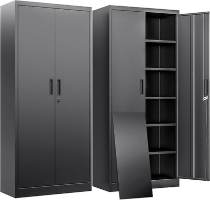 BESFUR Metal Storage Cabinet with 2 Doors and 5 Adjustable Shelves Garage Storage Cabinet with Lock 71" Office Storage Cabinets Locking Cabinets for Garage Office Shop Home (Black)