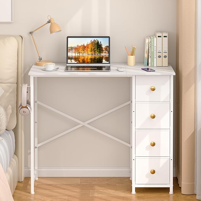 Small White Desk with Drawers for Bedroom, 35.4 Inch Kids Girls Teens Student Writing Desk with Storage, Reversible Study Table, White Computer Desk for Home Office, Makeup Vanity Desk for Small Space