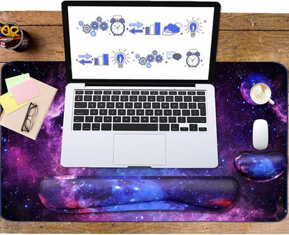 Large Mouse Pad and Keyboard Wrist Rest, Desk Pad for Keyboard and Mouse, 4-in-1 Large Gaming Mouse Pad with Wrist Support, Desk Mat for Home Office Study Game-Galaxy Fluid