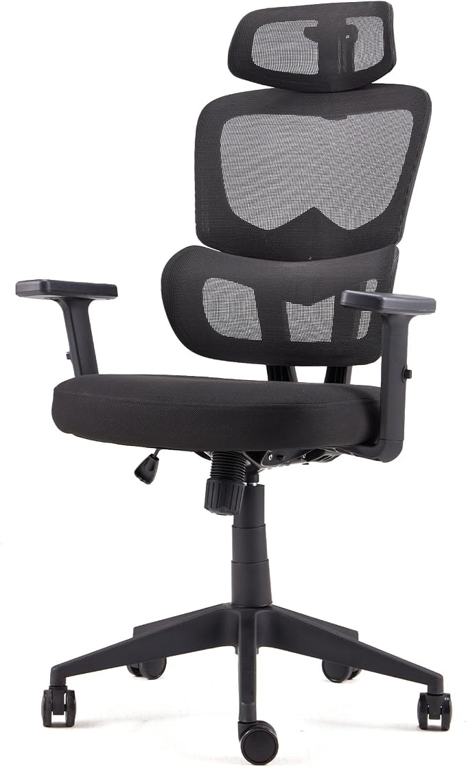 JOMEED High Upholstered Back Mesh Swivel Chair Adjustable Height Arm Rest Rolling Seating with Lumbar and Head Support for Homes or Offices, Black