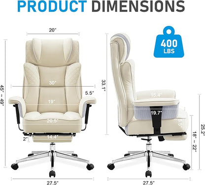 Big and Tall Office Chair, Leather Executive Ergonomic Desk Chair with Footrest, Comfy High-Back Computer Reclining Chairs with Lumbar Support (Beige)