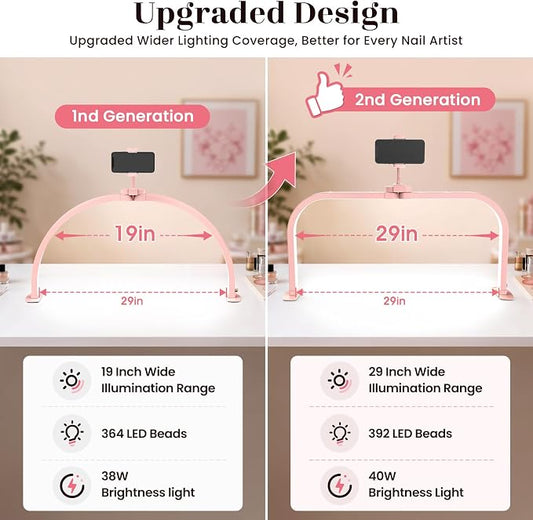 LIONVISON Nail Light Half Moon: 29" Foldable Half Moon Light for Nail Desk - 3 Color Modes & 10 Brightness - Arch LED Nail Desk Lamp with Phone Holder for Manicure Salon (Pink with Diamond)