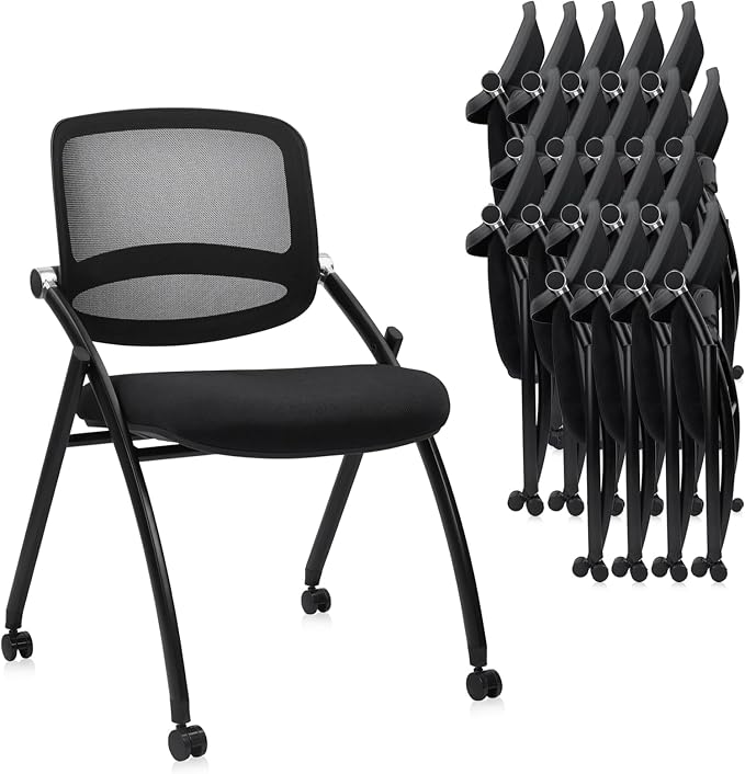 CLATINA Stackable & Foldable Conference Chair with Wheels, Ergonomic Mesh Back,300lbs Capacity, Breathable Padded Seat, Armless Office Chair for Reception, Training, Home Office, Black, 20PK