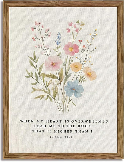 Christian Scripture Canvas Wall Art 12x16 Inch Psalm 61:2 Bible Verse Wall Decor, Boho Floral Religious Artwork for Prayer Room, Church, Office, Home, Wood Framed