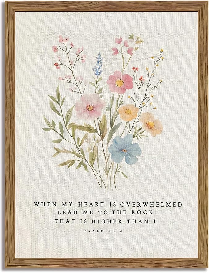 Christian Scripture Canvas Wall Art 8x10 Inch Psalm 61:2 Bible Verse Wall Decor, Boho Floral Religious Artwork for Prayer Room, Church, Office, Home, Wood Framed