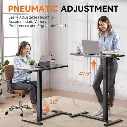 GTPLAYER Small Standing Desk with Hidden Wheels, Pneumatic Mobile Rolling Laptop Desk, Adjustable Height Overbed Bedside Table Computer Workstation for Home Office (32" W x 16" D, Black)
