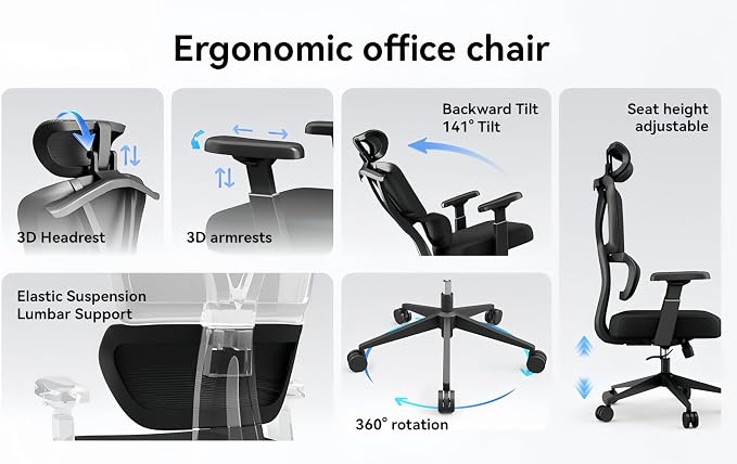 Ergonomic Mesh Office Chair, 400 lb Capacity for Work & Gaming | Mesh back and memory foam seat provide comfort, while adjustable headrest and lumbar support ease strain.