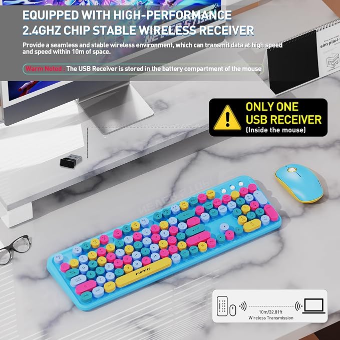 Wireless Keyboard and Mouse Combo with Switch Button- 2.4GHz Cordless Typewriter Keyboard | Auto-Sleep | USB Receiver for Windows PC/Laptop - Blue Colorful
