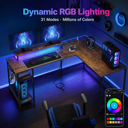 DEVAISE Spacious 55" L Shaped Gaming Desk with LED Lights and Power Outlets - Reversible Corner Computer Table with Monitor Stand and Storage Shelves for Work and Gaming, Rustic Brown