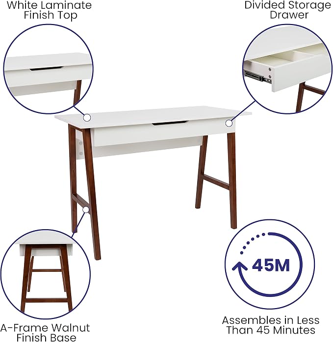 Flash Furniture Darla Computer Desk - White Home Office Desk with Storage Drawer - 42" Long Writing Desk for Bedroom