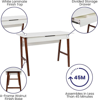 Flash Furniture Darla Computer Desk - White Home Office Desk with Storage Drawer - 42" Long Writing Desk for Bedroom
