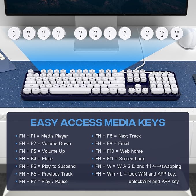 MOWUX Computer Keyboard Wired, Plug and Play USB Retro Round Typewriter Keyboard, Full Size Wired Keyboard with Foldable Stands for Laptop and Office PC- Dark Blue