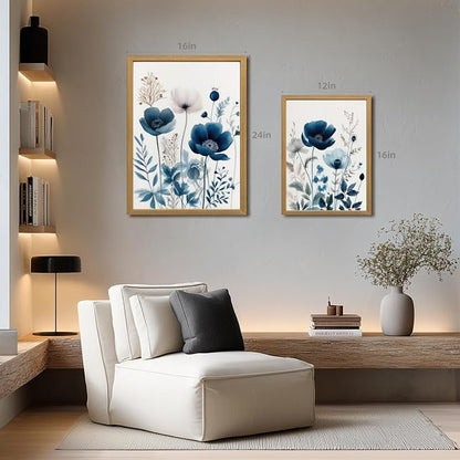 LLEEMPI Navy Blue Floral Wall Art Set of 3, Modern Wildflower Wall Decor, Watercolor Botanical Canvas Paintings, Classic Minimalist Poster Prints for Bedroom Bathroom Office Wood Framed 12x16 Inch