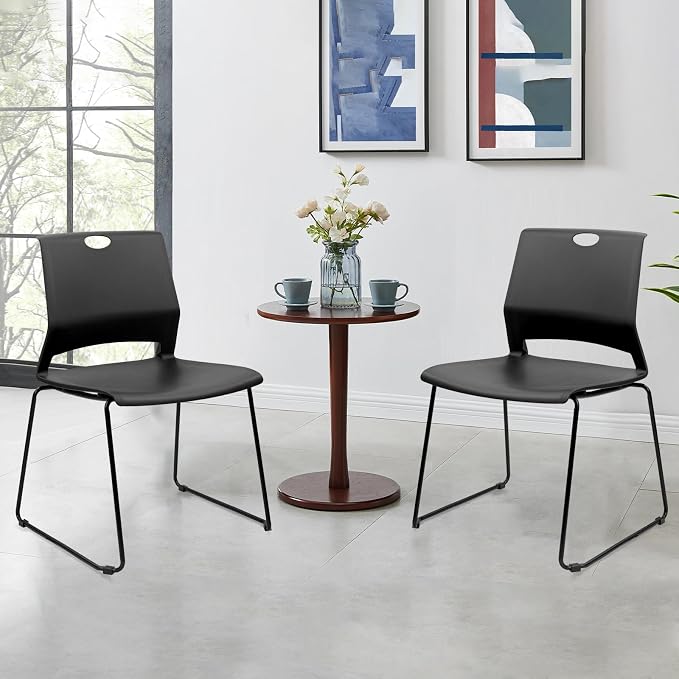 KLASIKA Stackable Guest Reception Chairs, Stacking Office Chair with Ergonomic Lumbar Support & Metal Legs, Plastic Desk Chairs for Conference School Church Waiting Meeting Break Room Set of 12, Black