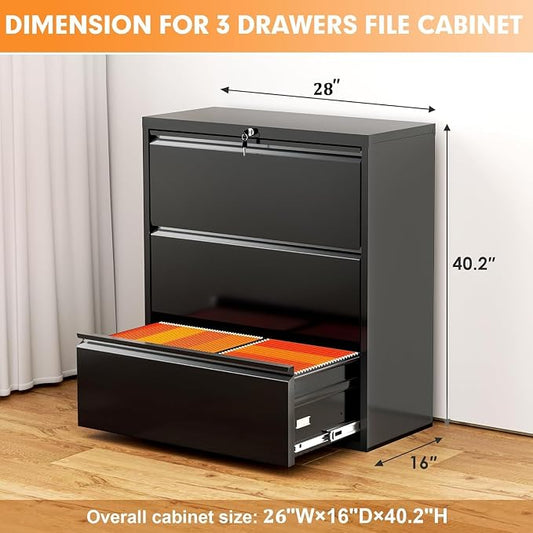 INTERGREAT File Cabinet 3 Drawers, Lateral Filing Cabinet for Home Office, Locking Horizontal File Cabinet for Hanging Files Letter/Legal/F4/A4, Black Metal, Easy Assemble
