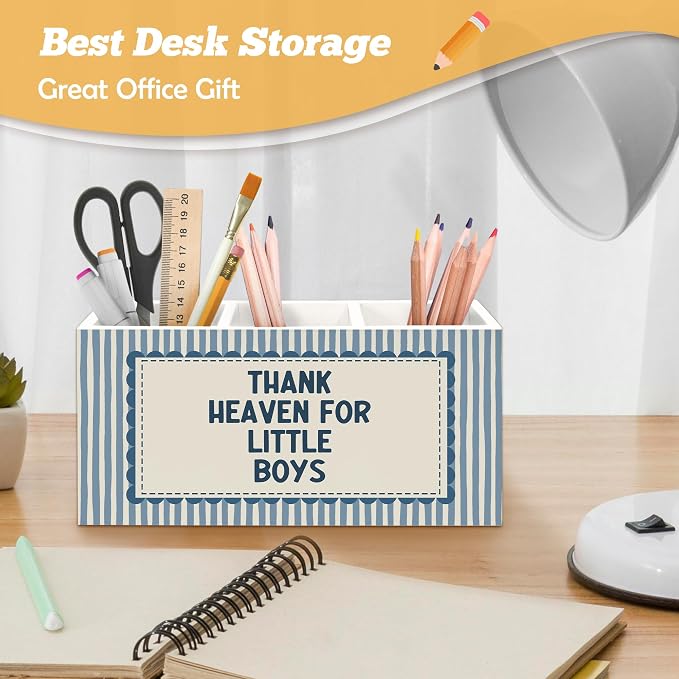 Boys Room Decor Pen Holder Organizer for Desk Accessories, Thank Heaven for Little Boys Retro Blue Striped Wooden Box Sign Desk Decorations for Kids Boy Nursery Room Bedroom Playroom Decor