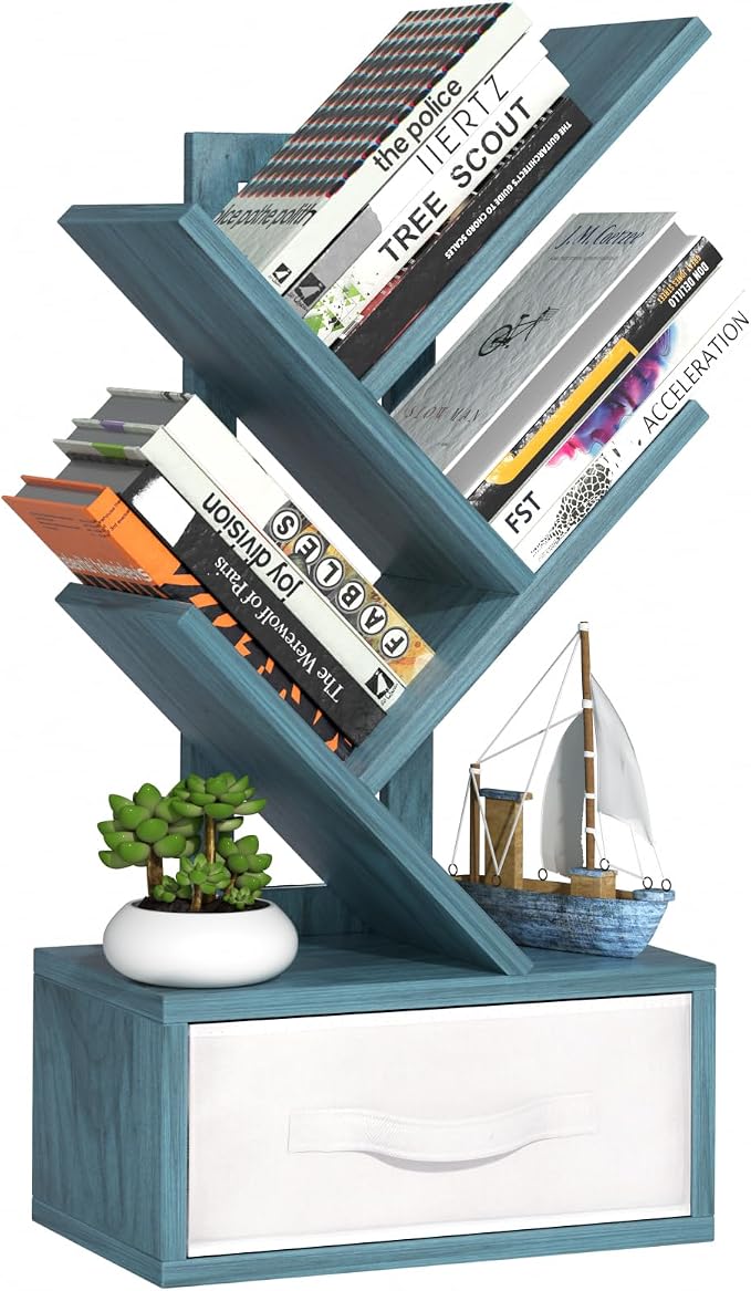 SHEEPAM Small Book Shelf with Drawer,4 Tier Black Tree Bookshelf,Blue Desktop Bookcase,Modern Desk Display Storage Bookshelves,Floor Standing Organizer Bookcases for Living Room,Bedroom,Office