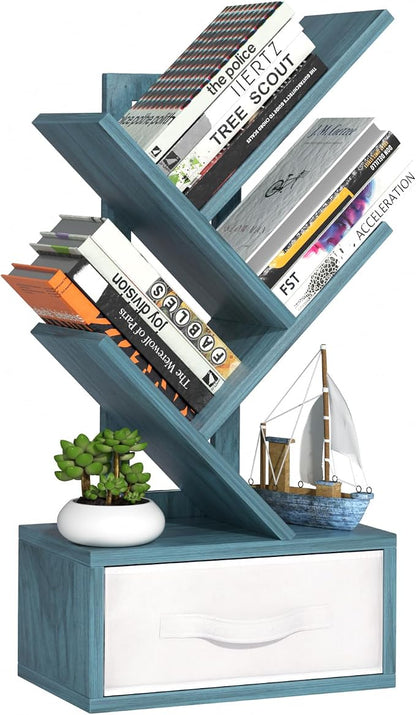 SHEEPAM Small Book Shelf with Drawer,4 Tier Black Tree Bookshelf,Blue Desktop Bookcase,Modern Desk Display Storage Bookshelves,Floor Standing Organizer Bookcases for Living Room,Bedroom,Office