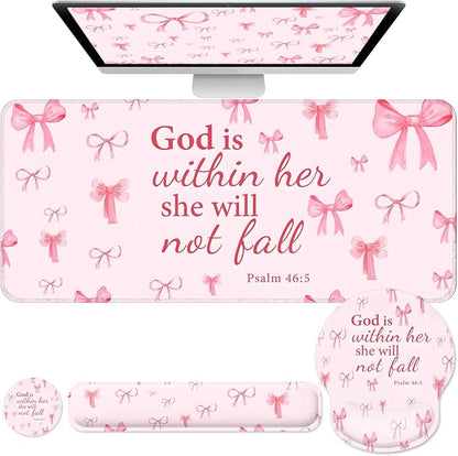 Desk Mat Set + Keyboard and Mouse Pad with Wrist Rest Support,4-in-1 Large Mousepad Computer Mats for Desktop Home & Office-Pink Bowtie