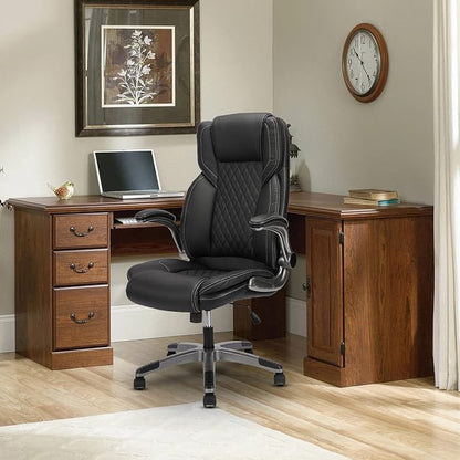 Executive Office Chair with with Flip up Arms, Big and Tall Ergonomic High Back Office Chairs, 90-120° Rocking Lumbar Support Home Computer Desk Chair Wheels(Black)