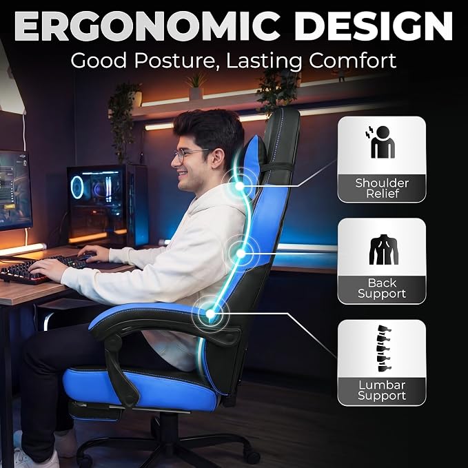 N-GEN GAMING Gaming Chair Big and Tall Computer Heavy Duty Office Desk Chair with Footrest Ergonomic Lumbar Support High Back Recliner for Adults (Blue)