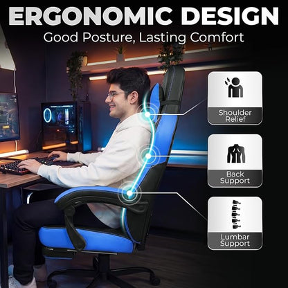 N-GEN GAMING Gaming Chair Big and Tall Computer Heavy Duty Office Desk Chair with Footrest Ergonomic Lumbar Support High Back Recliner for Adults (Blue)