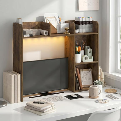 Furinno Classic Desk Shelf with LED Lights, 5-Shelf Hutch, Amber Pine | LED Desktop Book Shelf, Desk Organzier, for Office Supplies, Office Desk Accessories