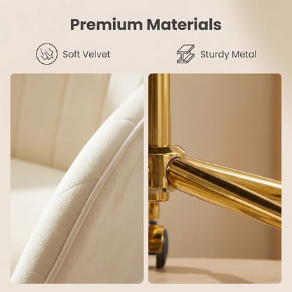 Velvet Home Office Desk Chair, Modern Cute Computer Task Chair with Back, Height Adjustable Upholstered Vanity Chair with Swivel Wheels for Women, Girls (Gold Base, Cream