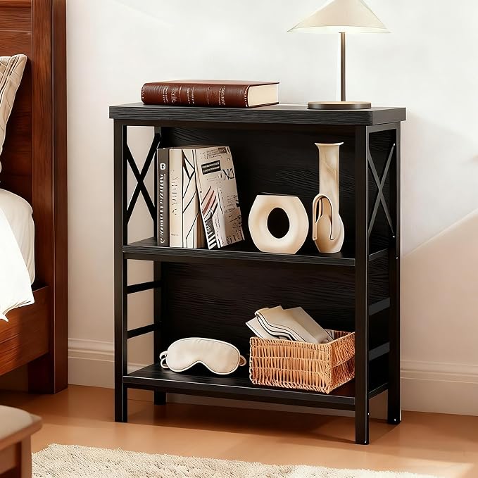 MNEETRUNG Small Bookshelf,3 Tier Industrial Bookcase with Metal Frame and Backboard,Low Black Book Shelf,Book case for Small Spaces,Living Room,Bedroom and Home Office