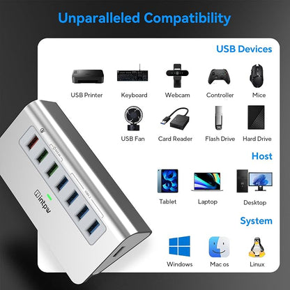 Powered USB Hub 10Gbps, 7 Port USB 3.2 Gen 2 Hub with 4 USB 3.2 Data Ports, 3 Fast Charging Ports, 36W Power Adapter, Type A and Type C Cable, Aluminum USB Hub for Laptop, Mac, PC