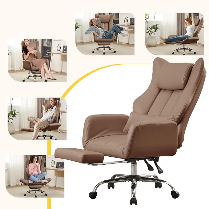 Ergonomic Cross Legged Office Chair with Footrest,Leather Big and Tall Executive Chair with Lumbar Pillow,Reversible Armrest for Pets,155° Reclining Computer Wide Desk Chair for Home,Office, Brown