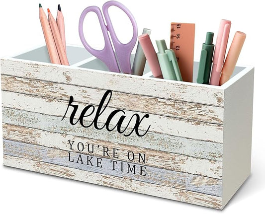 DILSJ Lake House Decor Pen Pencil Holder Organizer for Desk, Lake House Life Gifts for Women, Nautical Relax You're on Lake Time Wooden Box Signs for Home Office Desk Tabletop Decoration