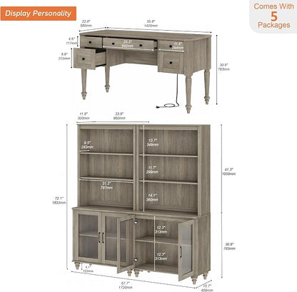 WAMPAT Home Office Furniture Set, 56'' Executive Desk with Charging Station, 72" Tall Bookcase with 4 Glass Doors, Wood Computer Desk with File Cabinet Storage, Open Shelf, Wash Grey