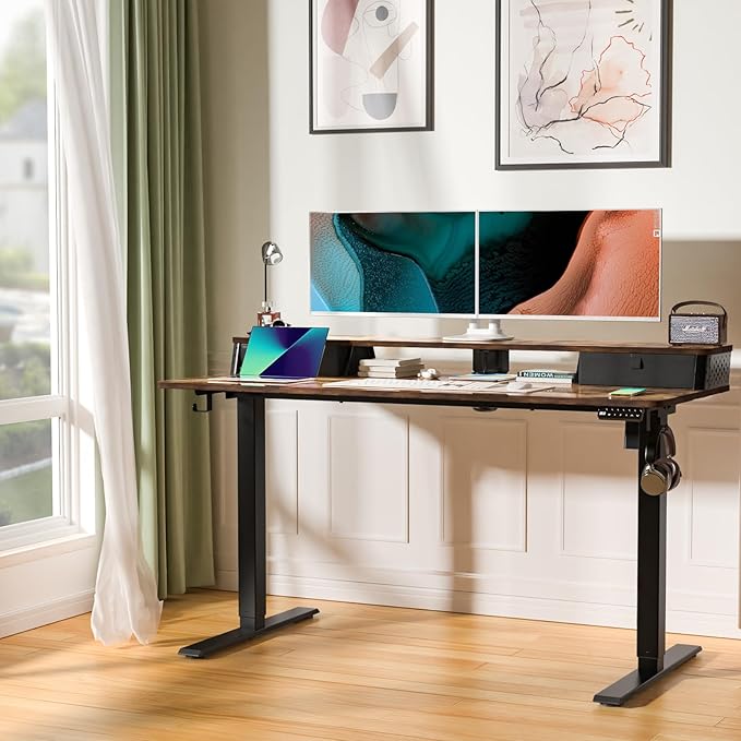 Electric Standing Desk with Two Drawers,55 x 24 Inch Sit Stand Desk Adjustable Height, Stand Up Desk with Storage Shelf, Computer Workstation for Home Office, Rustic Brown
