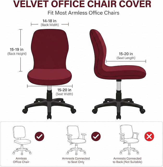 Deisy Dee Velvet Stretch Armless Office Chair Covers - Colorful Stretch Slipcover for Desk Chairs (Burgandy)