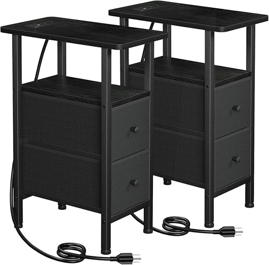 LOAKEKEL Narrow Nightstand with Charging Station, End Tables Living Room Set of 2, Skinny Side Table with Fabric Drawers, Slim Sofa Table for Bedroom, Small Spaces, Couch, Black, HETNDP02BK