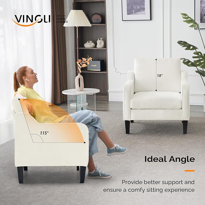 VINGLI Accent Chairs Set of 2 White Chenille Living Room Chairs Reading Chair for Bedroom Scooped Arm Chair Mid Century Modern Accent Chair Upholstered Comfy Chair for Apartment, Waiting Room