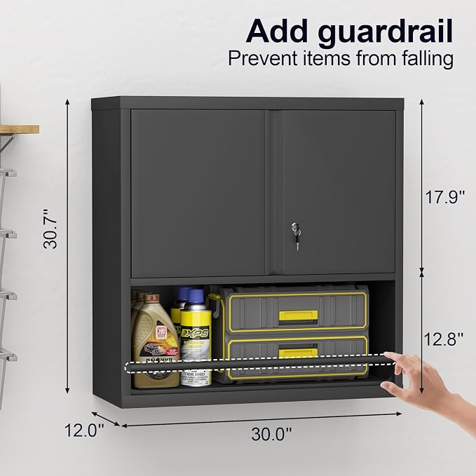 GREATMEET 31" H Metal Garage Storage Cabinets with Doors and Shelves, Lockable Storage Cabinet with Lock, Black Hanging Cabinets for Wall, Wall Mount Cabinet for Utility Room
