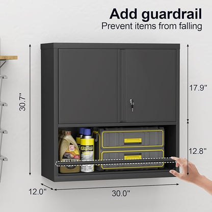 GREATMEET 31" H Metal Garage Storage Cabinets with Doors and Shelves, Lockable Storage Cabinet with Lock, Black Hanging Cabinets for Wall, Wall Mount Cabinet for Utility Room