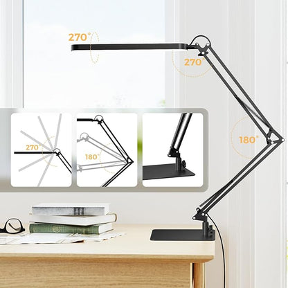 SKYLEO LED Desk Lamp with Slim Base - Adjustable Swing Arm Desk Light, Dimmable, Timer, Eye Protection, Memory Function, 1300LM, 12W, Black