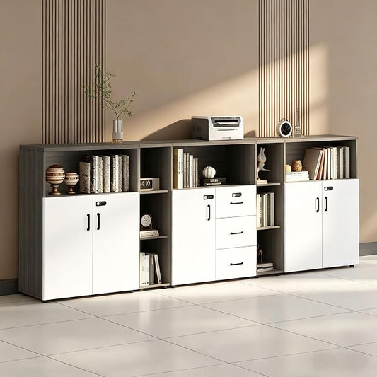 File Cabinet with Password Lock, Wood Lateral Filing Cabinet for Letter/A4 Files, 3 Drawer with Door, Printer Stand with Open Shelves for Home Office