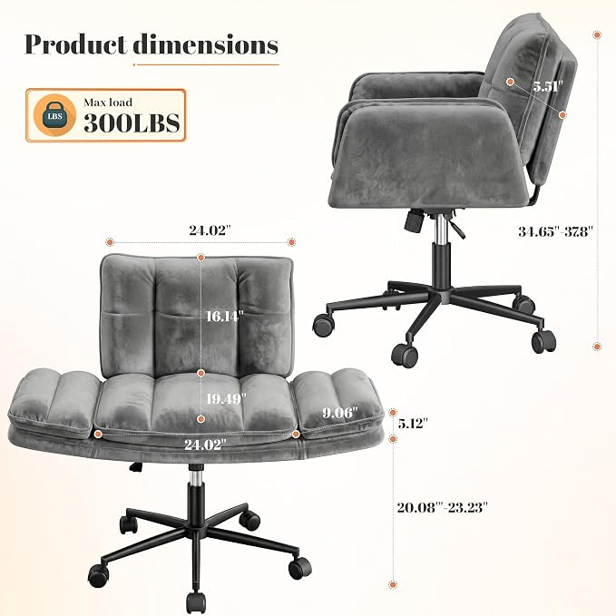 Criss Cross Chair with Wheels, Ergonomic Office Chair with Adjustable Armrests, Vanity Chair with Back for Bedroom, Makeup Room and Office Room, Grey
